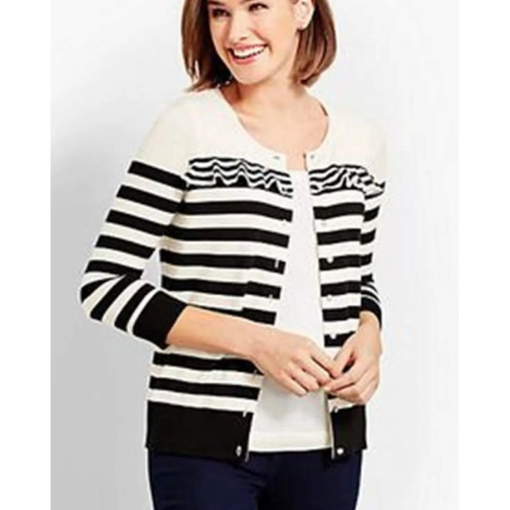 TALBOTS IVORY AND BLACK STRIPED RUFFLED CHARMING CARDIGAN SIZE XL NWT